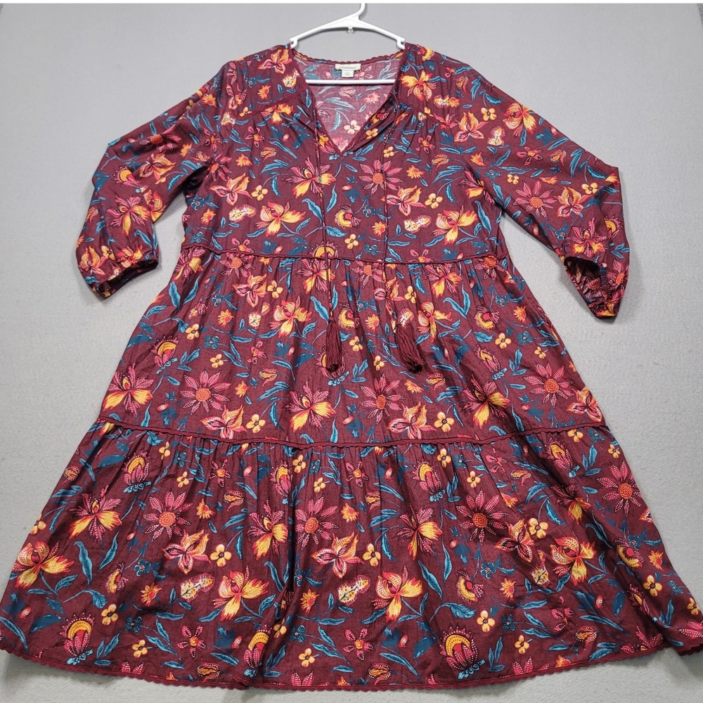 Sundance Womens Medium Floral Tiered Boho Dress Burgundy Cotton Tassels RN106205
